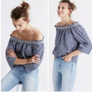 Madewell Smocked Navy & White Gingham Off Shoulder Blouse - Size Small